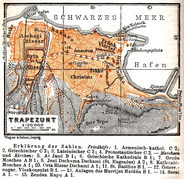 Ein detaillierter alter Stadtplan von Trapezunt, Deutschland, der Straßen, Gebäude, Sehenswürdigkeiten und begleitenden Text zeigt, der die Bevölkerung, Straßen und Sehenswürdigkeiten der Stadt beschreibt.