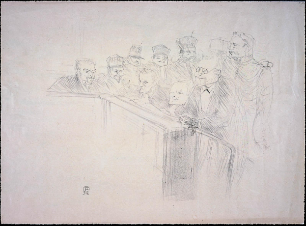 Schwarz-weiß-Zeichnung eines Gerichtssaals mit einer Gruppe von Menschen an einem unordentlichen Tisch, einige sehen ernst und andere besorgt aus, eingerahmt von einem schwarzen Rand.