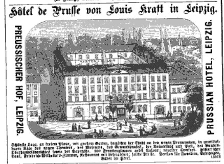 Schwarze und weiße Anzeige für ein Hotel in Leipzig, Deutschland, das das Gebäude, Bäume und Menschen zeigt.