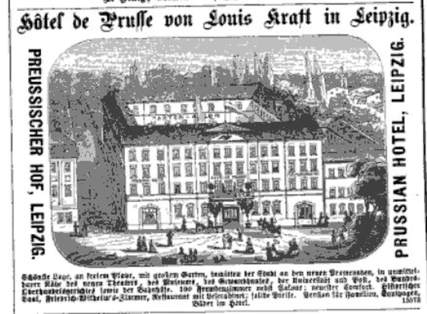 Schwarze und weiße Anzeige für ein Hotel in Leipzig, Deutschland, das das Gebäude, Bäume und Menschen zeigt.