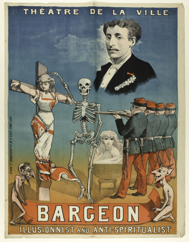 Plakat für das Théâtre de la Ville in Paris mit einer Gruppe verängstigter Menschen, einem zentralen Skelett mit ausgestreckten Armen und der Aufschrift "Bargeon Illusionist und Anti-Spiritualist."