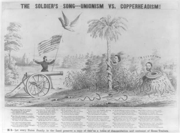 Plakat, das eine Person auf einem Kanonenrohr zeigt, die eine Fahne hält, umgeben von Bäumen, Pflanzen und einer Schlange, mit der Aufschrift "The Soldier's Song - Unionism vs Copperheadism".