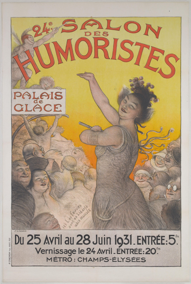 Plakat für den Salon des Humoristes in Paris, das eine Frau mit einer Menschenmenge drumherum zeigt, mit Event-Text.