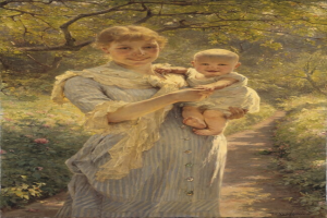 Eine Frau, die glücklich ist und ein Baby im Arm h├Ąlt, umgeben von grüner Vegetation und bunten Blumen.