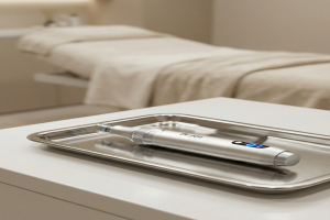 Ein professionelles Microneedling-Gerät auf einem sterilen Tablett in einem modernen Kosmetikstudio.