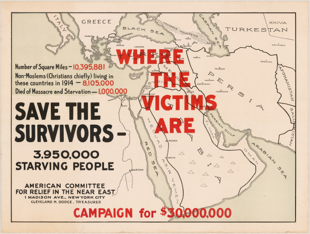 Plakat mit einer Weltkarte und Text, der 3.950.000 hungernde Menschen hervorhebt und zur Bewusstseinserhöhung und Aktion für Überlebende des Krieges aufruft.