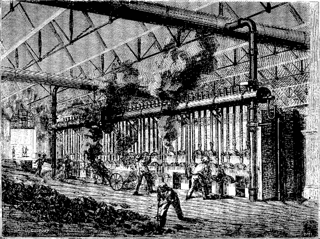 Schwarz-weiß-Zeichnung eines belebten Stahlwerks aus den 1910er Jahren mit Arbeitern, Pfählen und Maschinen.