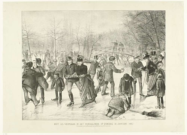 Gruppe von Menschen beim Eislaufen auf einem zugefrorenen Teich im Vondelpark, Amsterdam, mit Bäumen und einer Brücke im Hintergrund, datiert auf den 10. Januar 1887.