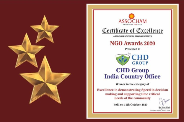 Auszeichnung für Chd Group India Country Office mit dem Certificate of Excellence für die NGO Awards 2020, dargestellt durch ein Schild-Logo mit einem Stern und einem Lorbeerkranz.