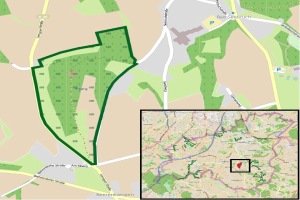 Eine detaillierte Stadtkarte mit einem zentralen grünen Bereich, der als geplanter Entwicklungsstandort markiert ist, umgeben von Straßen, Gebäuden und Sehenswürdigkeiten.