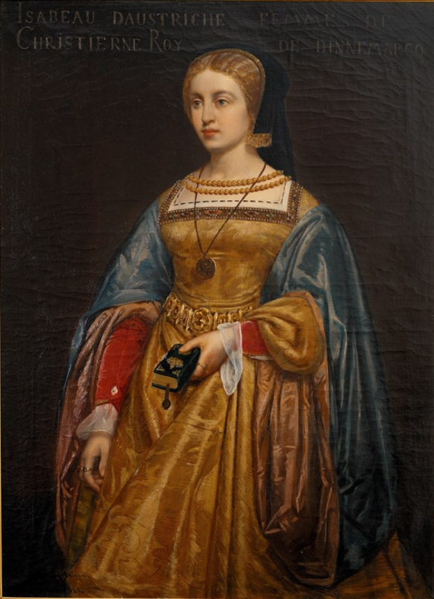 Gemälde von Isabella daustriche in einem goldenen Kleid mit detaillierten Verzierungen, Haare zu einem Dutt gebunden, majestätisch mit einem friedlichen Ausdruck, von Christierne Roy.