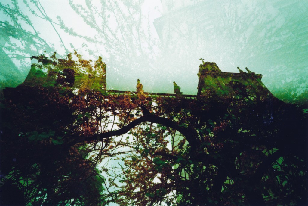 Bäume in der Nähe einer historischen Konstruktion mit einer Brücke.