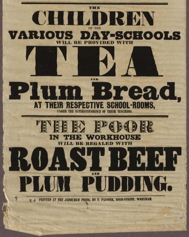 Eine Zeitung mit Text, der ankündigt, dass Kinder aus verschiedenen Tagesschulen Tee, Pflaumenbrot, Roastbeef und Pflaumenpudding erhalten werden.