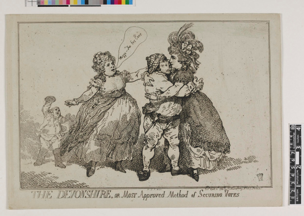 Ein Blatt Papier mit einer Zeichnung von drei Personen, zwei Frauen und einem Mann, und einem Text, der "The Devonshire, or Most Approved Method of Securing Votes" lautet, mit Farboptionen oben.