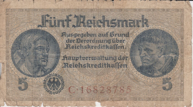 Alte deutsche 5 Reichsmark-Banknote mit einem Männerporträt, ausgestellt von Deutschland.