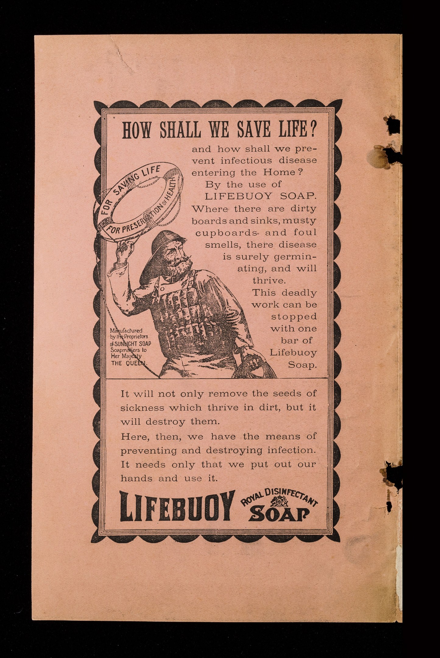Alte Werbung für Lifebuoy-Seife mit einem Mann in weißem Hemd und blauem Hut mit 'Lifebuoy-Seife'-Text drumherum.