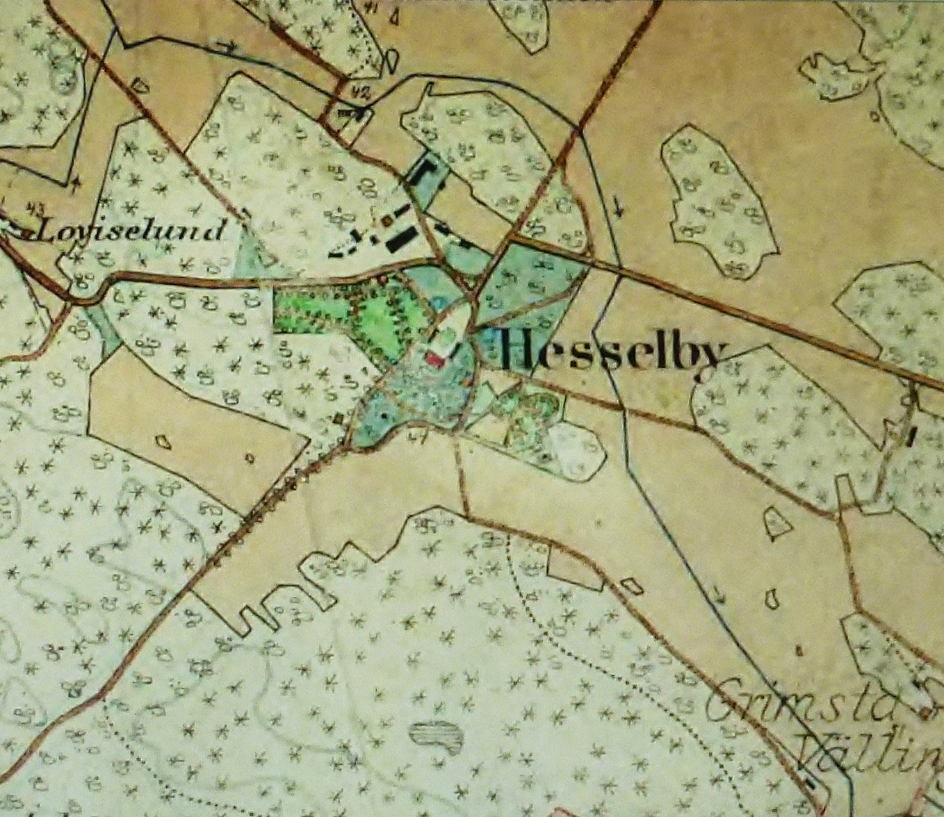 Alte Karte von Hesselby mit detaillierten Straßen, Gebäuden und Sehenswürdigkeiten, die durch Text und Nummern markiert sind.
