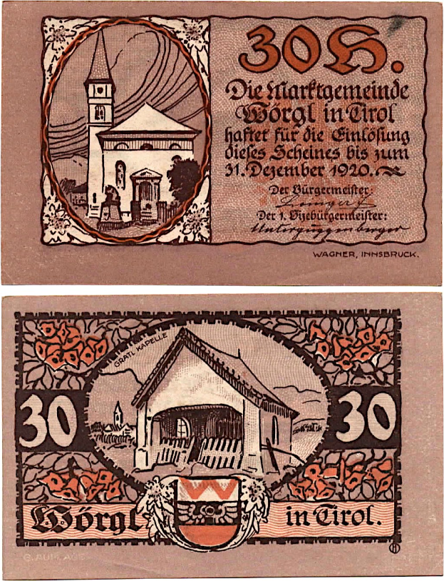 Altes deutsches 30-Pfennig-Banknote aus den 1930er Jahren mit einer Kirchenillustration in der Mitte und umgeben von Text.