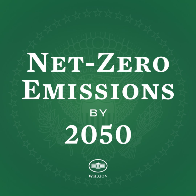 Grüner Hintergrund mit fettem weißem Text, der "netto-null-Emissionen bis 2050" liest.