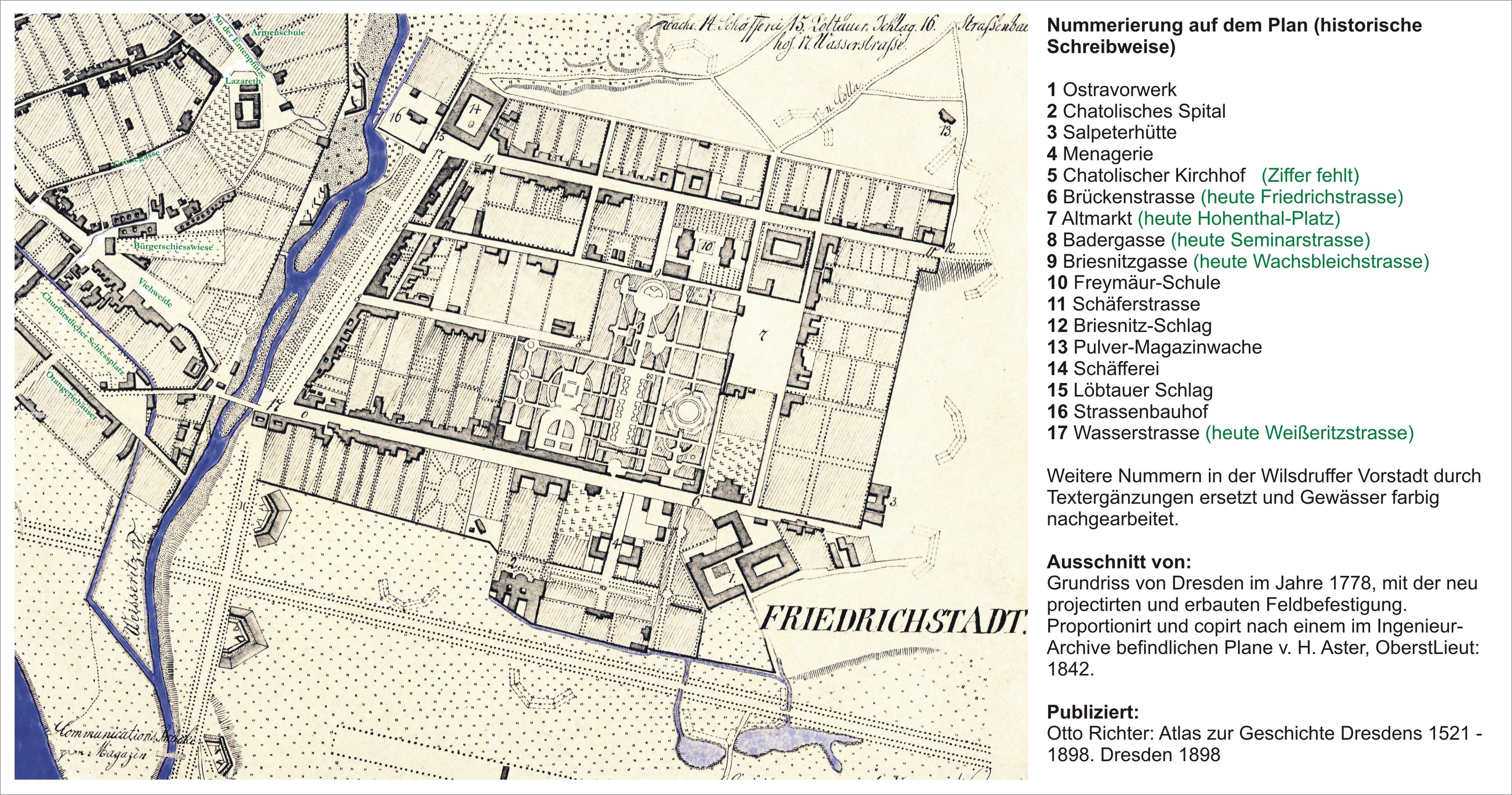 Ein Plakat mit einer detaillierten Karte von Friedrichstadt, Deutschland, mit Straßen, Gebäuden und Sehenswürdigkeiten, begleitet von Text auf der rechten Seite.