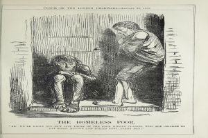 Eine Zeitung mit einer Zeichnung von zwei Personen, wobei eine sitzt und die andere steht, mit der Aufschrift "Die Obdachlosen Armen"