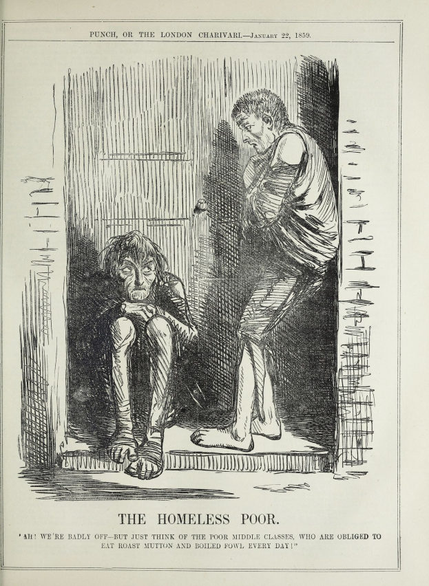 Eine Zeitung mit einer Zeichnung von zwei Personen, wobei eine sitzt und die andere steht, mit der Aufschrift "Die Obdachlosen Armen"