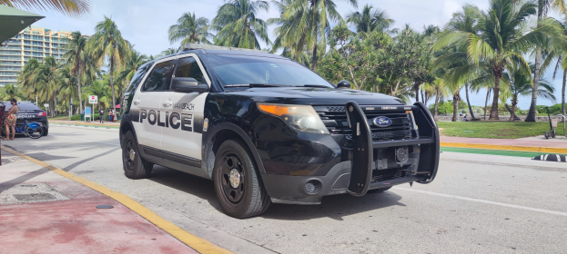 Ein Polizeiwagen am Straßenrand geparkt, umgeben von Menschen, Fahrrädern, Gras, Bäumen, Gebäuden und einem klaren blauen Himmel, mit einem sichtbaren Vorderrad.