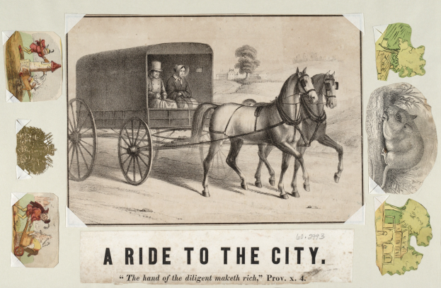 Pferdewagen mit zwei Personen im Hintergrund mit Bäumen und Text "eine Fahrt in die Stadt" unten.