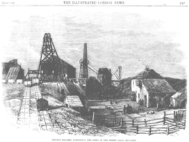 Eine Gravur einer Kohlegrube in London, England, mit der Aufschrift "Ashley's Colliery, Derbyshire, der Schauplatz des jüngsten tödlichen Explosionsereignisses", die Häuser, Eisenbahnschienen, Menschen, einen Zaun im Vordergrund und den Himmel im Hintergrund zeigt.