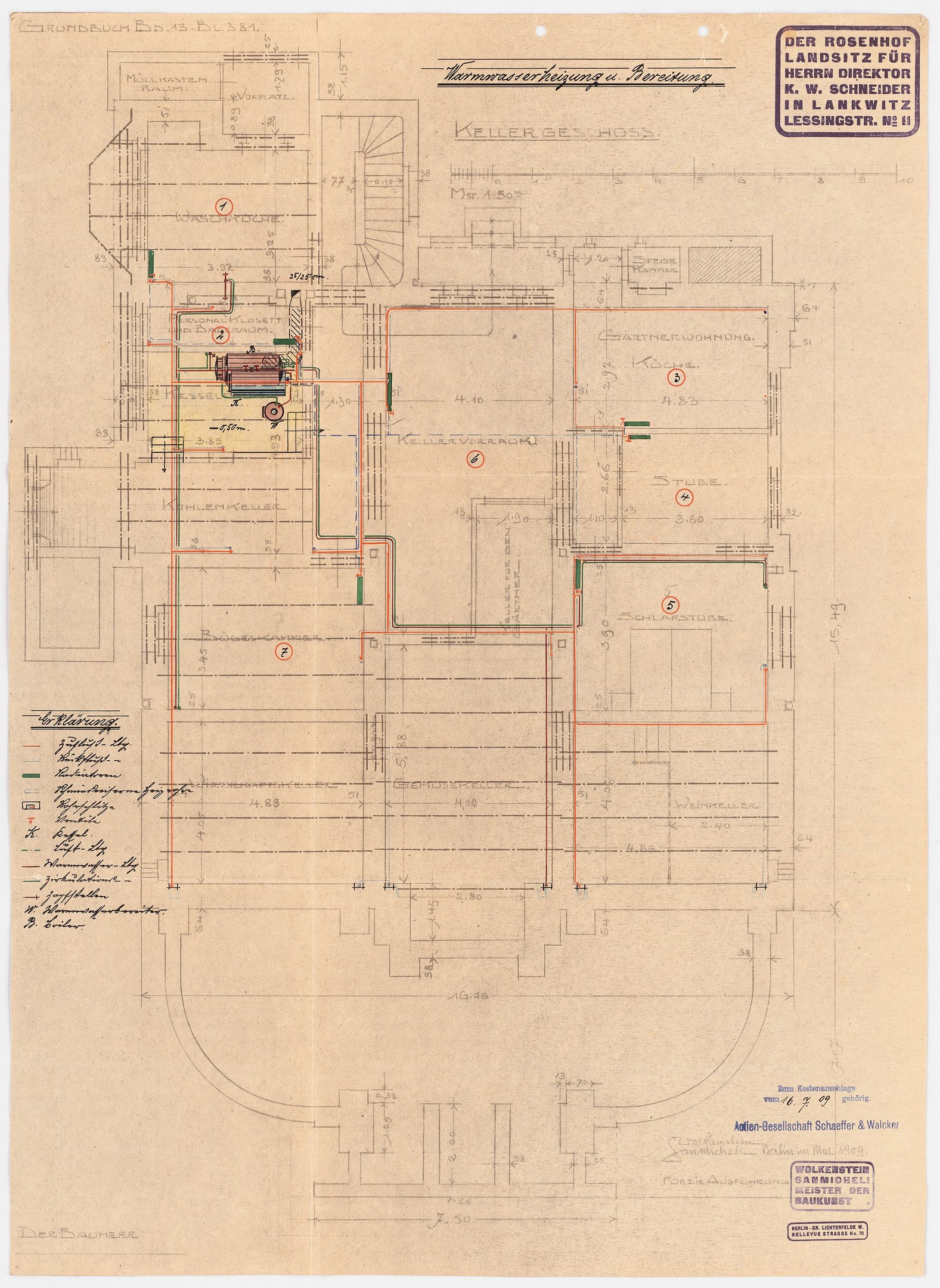 Ein detaillierter architektonischer Grundriss des Rosenhof-Krankenhauses in Hamburg, Deutschland, der den Aufbau von Zimmern, Fluren und zahlreichen elektrischen Kabeln an der Außenseite des Gebäudes zeigt.