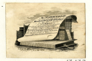 Ein altes Buch mit einer Rolle oben drauf, umgeben von Büchern und einem textgefüllten Papier, mit dem Wort "Buchhändler" unten.