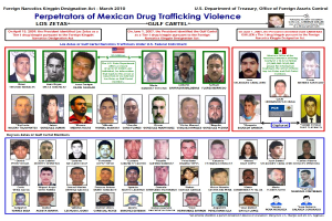 Ein Plakat mit einem hellblauen Hintergrund, das Bilder verschiedener Personen zeigt, die des mexikanischen Drogenhandels beschuldigt werden, alle schauen direkt auf den Betrachter und haben ernste Gesichter, mit fetter schwarzer Schrift in der Mitte, die "Verbrecher des mexikanischen Drogenhandels" lautet.