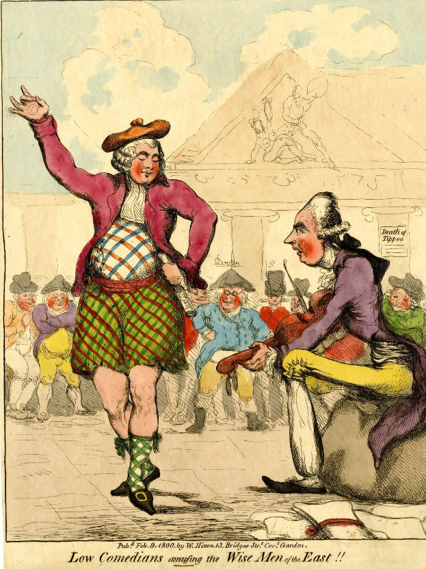 Zeichnung eines Mannes in einem Kilt und einer Frau in einem Kleid, die vor einer Menge stehen, mit einem Gebäude und Wolken im Hintergrund und Text unten, der 'Niedrige Komiker amüsieren die weisen Männer des Ostens' liest.