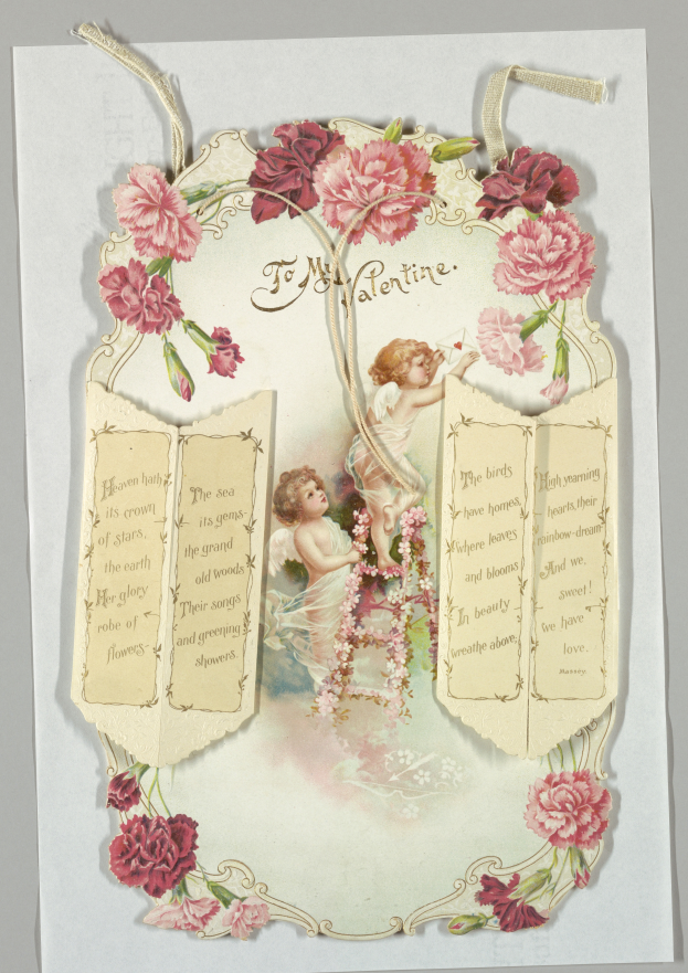 Ein altmodischer Valentinstagskarte mit zwei Cherubim nebeneinander, einer hält ein Buch, umgeben von Rosen, Gänseblümchen und Lilien, mit der Aufschrift "Valentinstag".