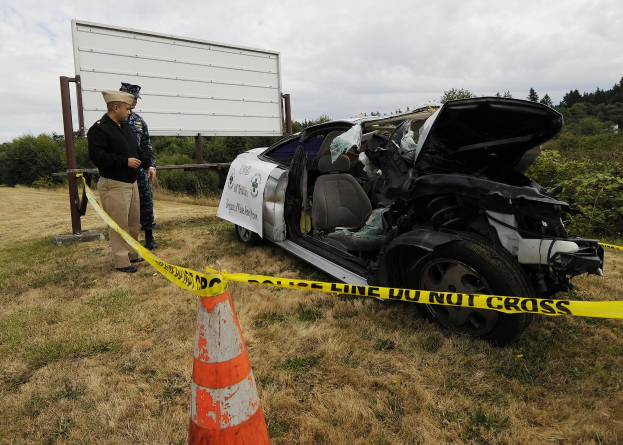 Ein Polizeibeamter in Uniform steht neben einem schwer beschädigten Auto am Straßenrand, mit eingedellter Motorhaube und zersplitterten Fenstern, neben einem Verkehrskegel und einem markierten Pfahl, mit Bäumen und einem bewölkten Himmel im Hintergrund.