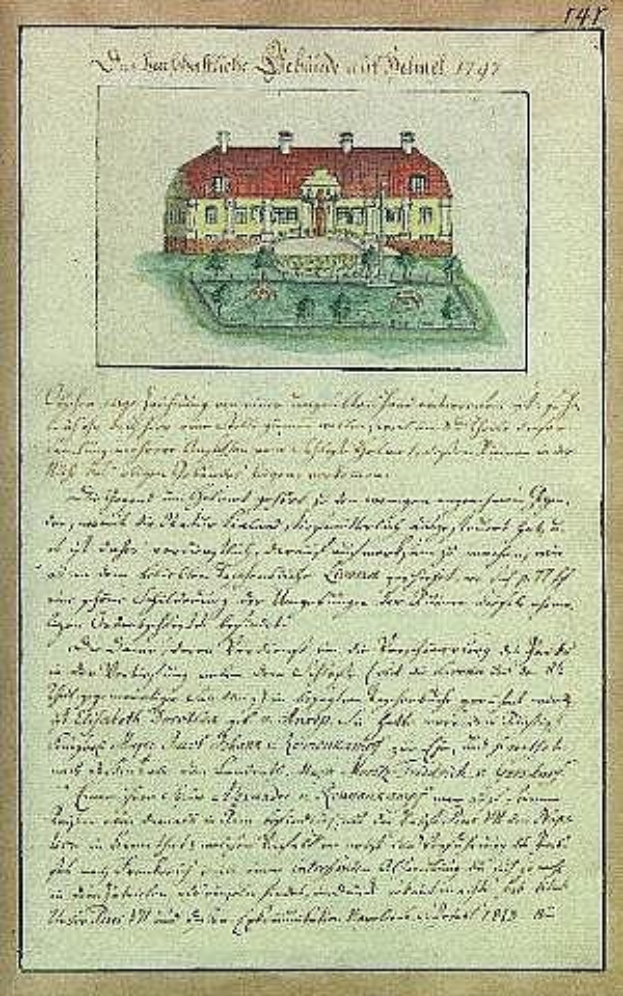 Altes Dokument mit detaillierter Zeichnung eines weißen Hauses mit rotem Dach, signiert von der Schleswig-Holstein-Schule Delmar in Deutschland, datiert 1797.