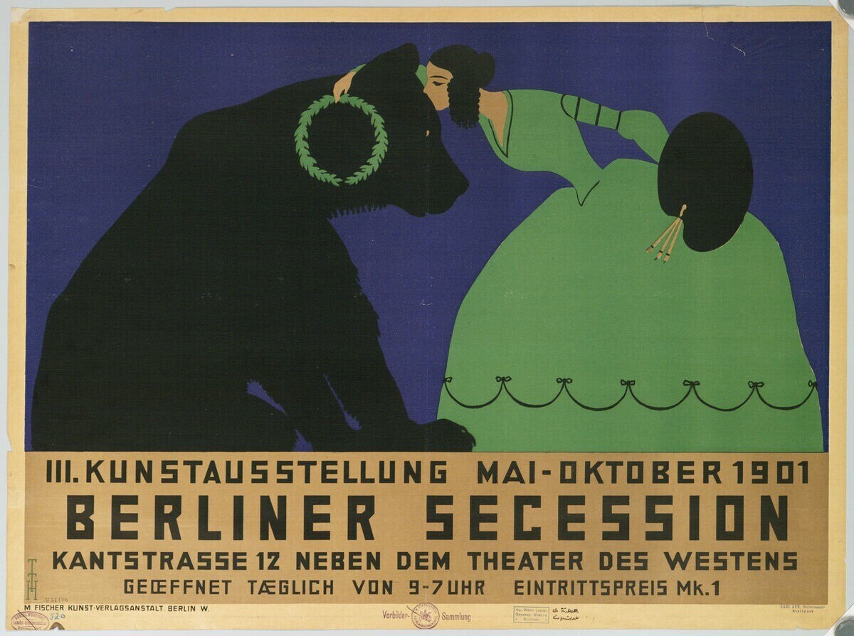 Plakat für die Berliner Secession mit einer Frau in einem grünen Kleid und einem Mann in einem schwarzen Anzug, mit Text zur Beschreibung des Ereignisses.