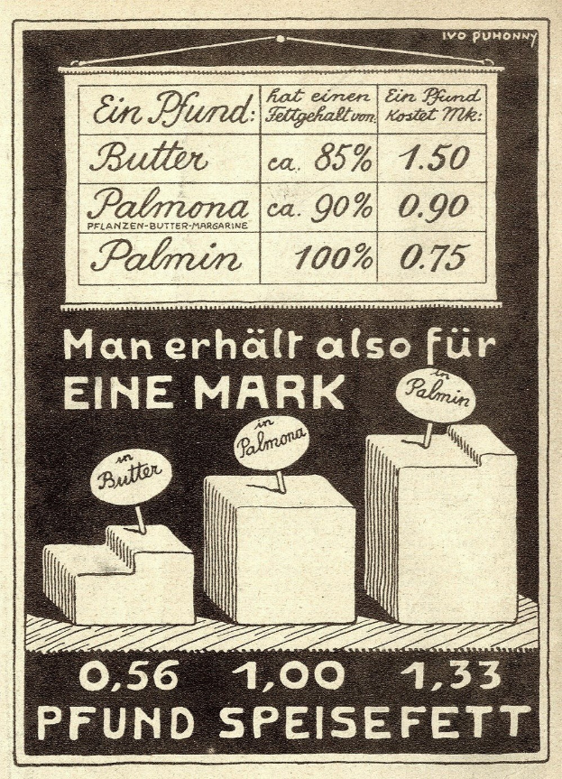 Schwarze und weiße Werbeplakat mit einer Zeichnung einer Butterdose, Text und Zahlen.