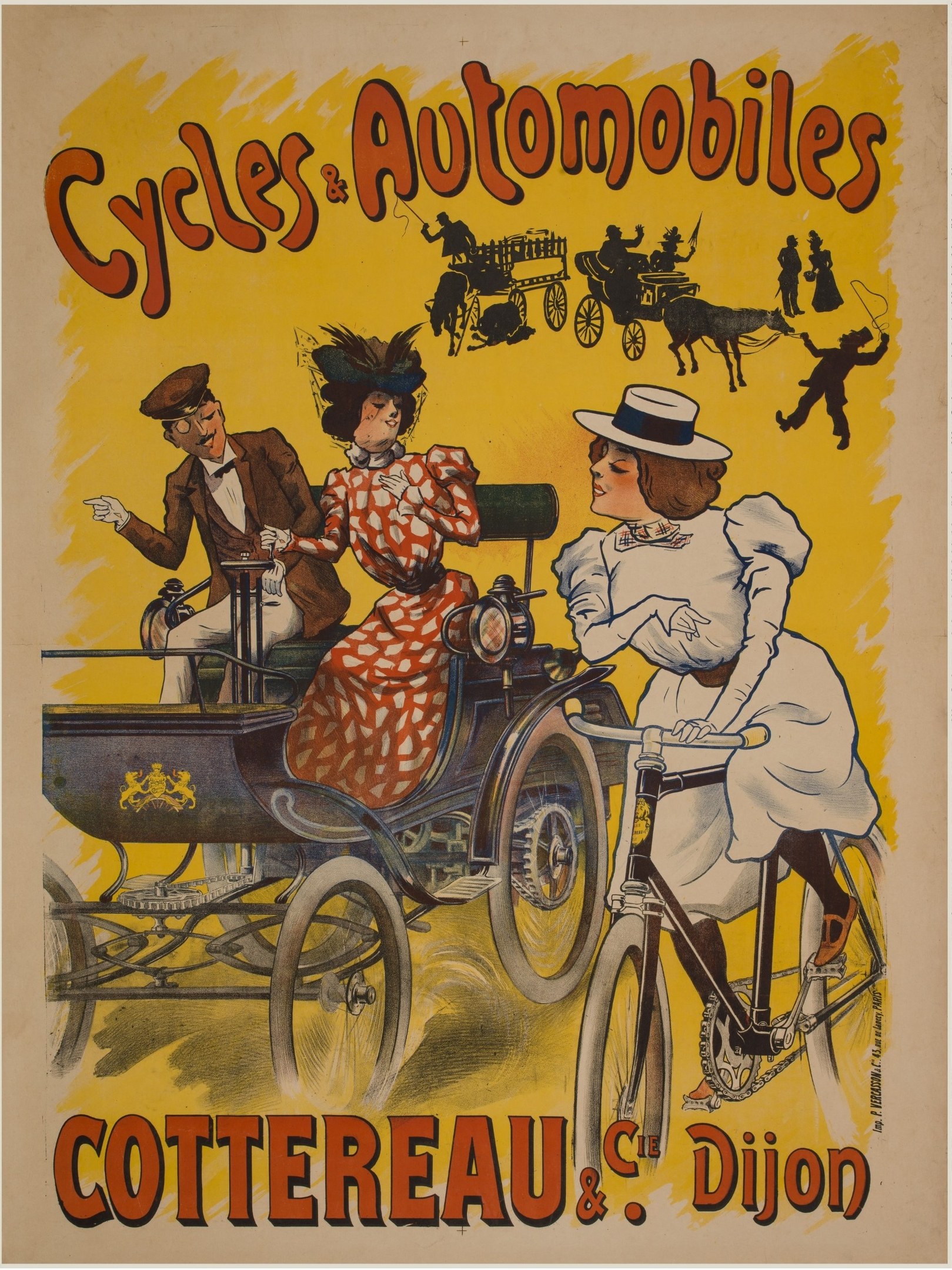 Plakatwerbung für Fahrräder und Automobile in Cottereau und Dijon, Frankreich, das Menschen beim Radfahren und mit einer Kutsche zeigt.