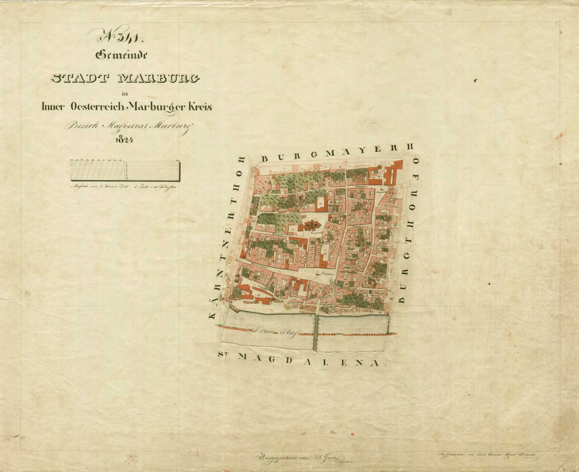 Detailierter alter Stadtplan von Marburg mit Straßen, Gebäuden und Sehenswördigkeiten mit beschreibendem Text.