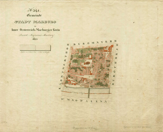 Detailierter alter Stadtplan von Marburg mit Straßen, Gebäuden und Sehenswördigkeiten mit beschreibendem Text.