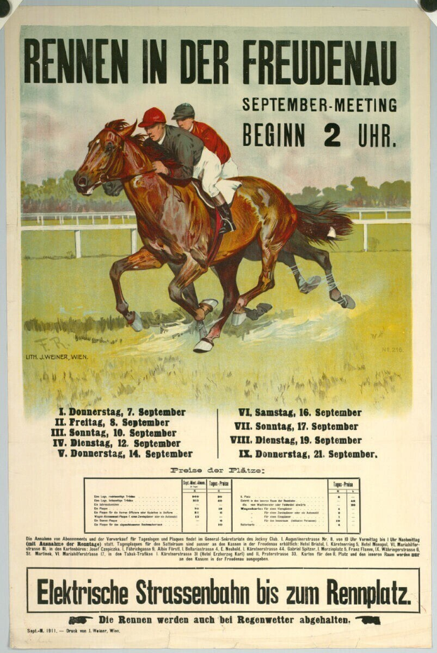 Plakat, das ein Pferderennen in Deutschland ankündigt, mit zwei Reitern auf Pferden im Vordergrund und Bäumen im Hintergrund sowie Text, der Renn-details enthält.