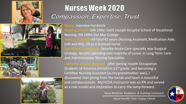 Plakat zur Pflegewoche 2020 mit dem Motto "Mitgefühl, Expertise, Vertrauen", das mehrere Pflegebilder und eine klare blaue und weiße Schrift auf einem beruhigenden Hintergrund zeigt.