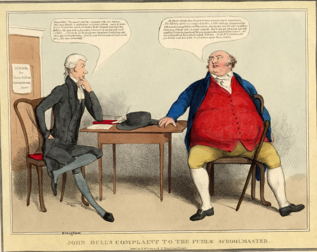 John Bull, eine Figur in traditioneller britischer Kleidung, sitzt einem sitzenden Mann gegenüber an einem Tisch mit einem Hut und Papieren, während im Hintergrund eine Tür und ein Papier an der Wand zu sehen sind.