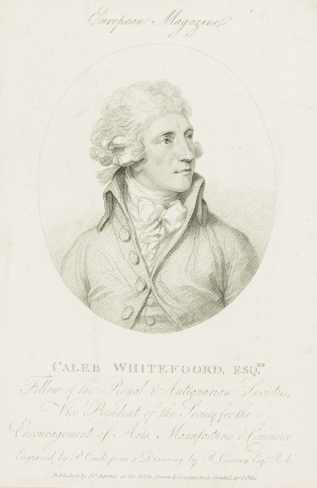 Porträt von Caleb Whiteford, Esq., Präsident der Gesellschaft zur Förderung von Kunst, Handwerk und Handel, der ernsthaft in einem Anzug posiert und ein Blatt Papier hält.