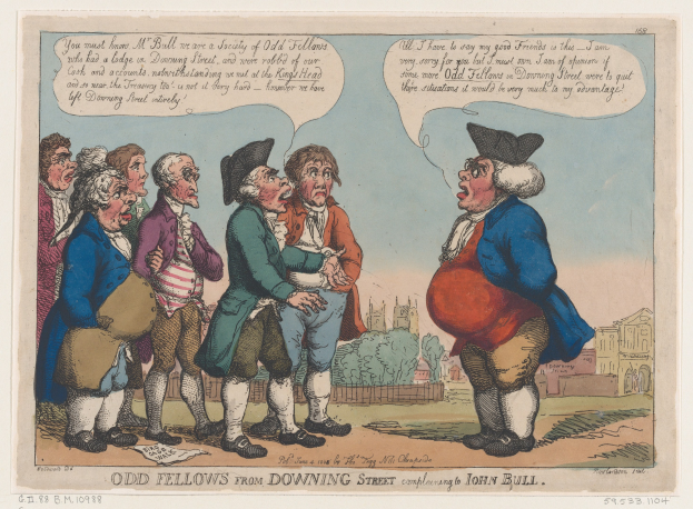 Cartoon darstellend eine Gruppe von Menschen vor einem Gebäude, Bäumen und einem Himmel mit Text unten lesend 'odd fellows from downing street complaining to John Bull'.