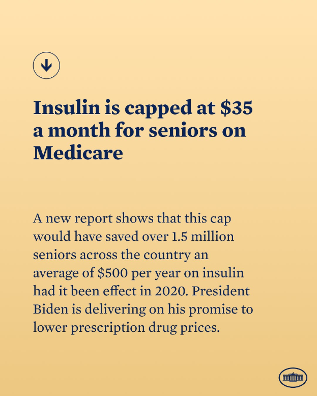 Ein Plakat mit Text und Logo, auf dem steht: 'Insulin ist auf 35 Dollar pro Monat für Senioren mit Medicare gedeckelt.'