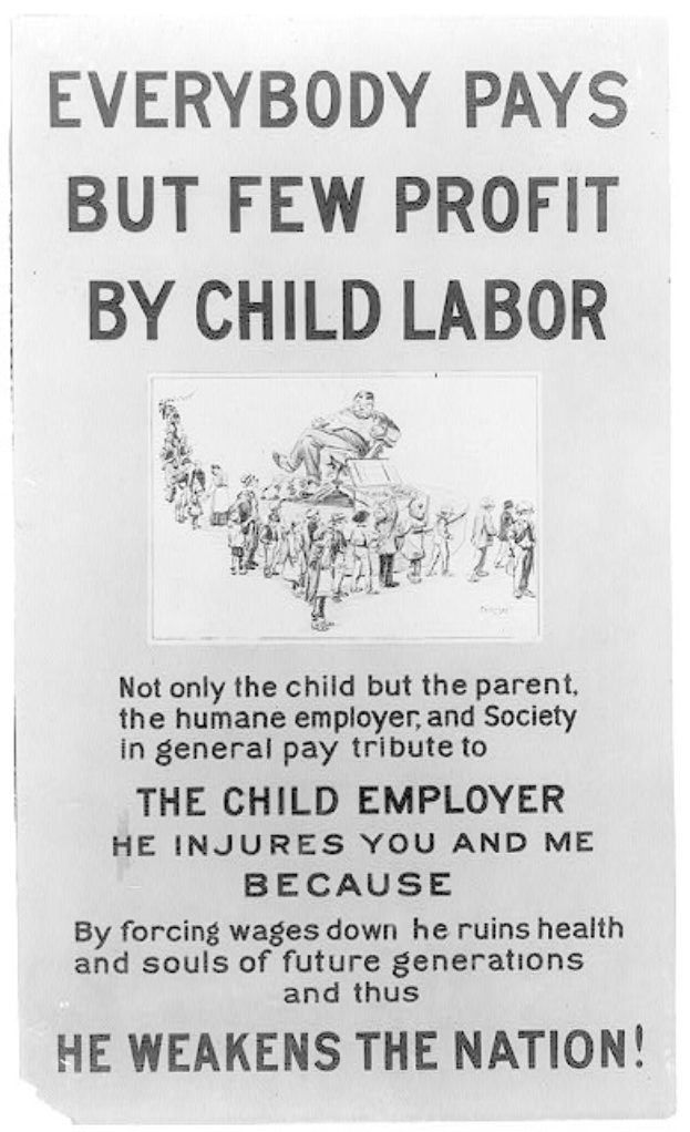 Schwarzes und weißes Plakat mit dem Text "Jeder zahlt, aber wenige profitieren von Kinderarbeit" zeigt eine Gruppe von Menschen, die gegen Kinderarbeit in den USA protestieren.