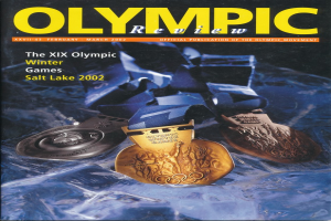 Ein Buch mit dem Titel "Olympic Review Magazine" und mehreren Medaillen sowie fetter Schrift auf dem Cover.