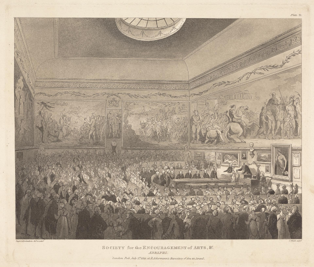 Gravur eines großen Raums mit stehenden und sitzenden Menschen, Fotorahmen an den Wänden und einer Decke, mit dem Text "Gesellschaft zur Förderung der Künste" unten.